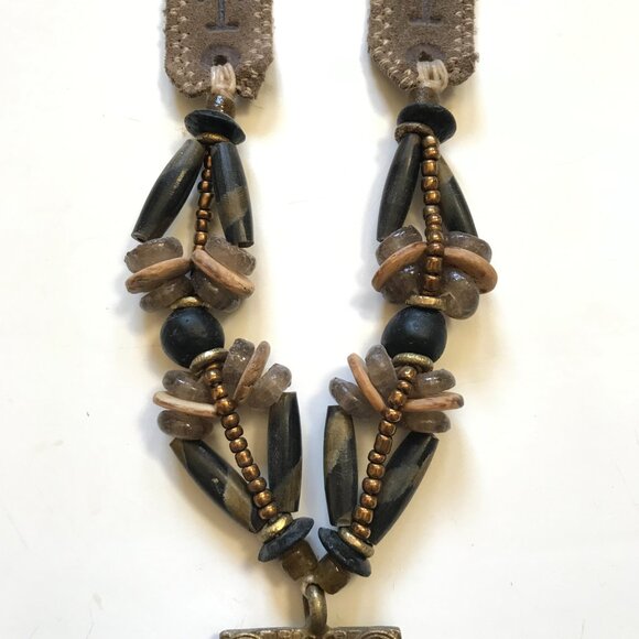 Twine & Twig Medallion Tribal Beaded Necklace Womens Suede Strap Brown Bronze - Picture 3 of 11